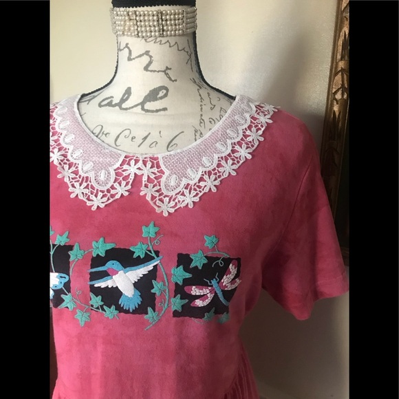 Rare Pink Tie Dye Hummingbird Lace Collar Dress M - Picture 9 of 15